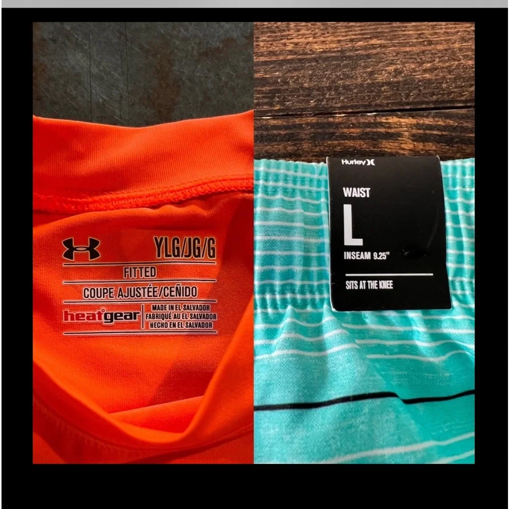 Hurley swim trunks and Under Armour Sun protection shirt